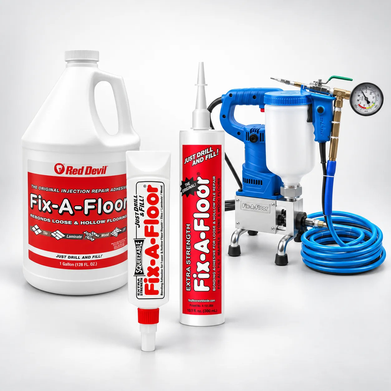 פתרונות FIX-A-FLOOR לתיקון אריחים חלולים – תרמיל לחיץ, תרמיל מקצועי, גלון ומכונת הזרקה